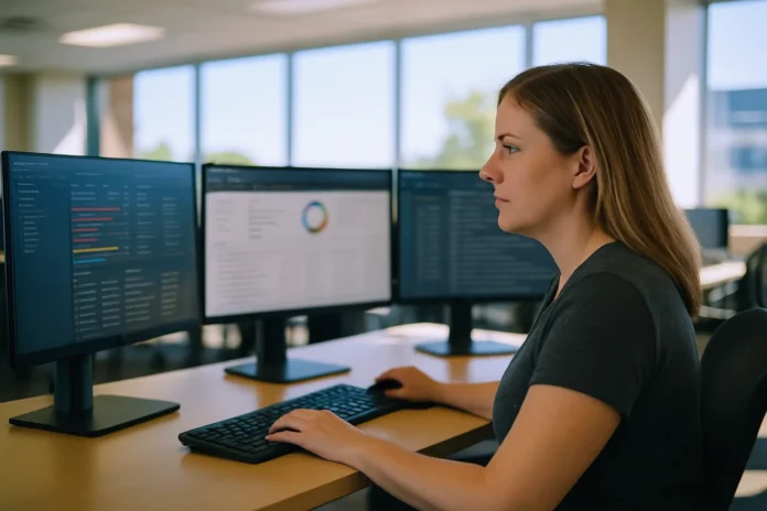 A woman sits at a desk in a bright, modern office A woman sits at a desk in a bright, modern office