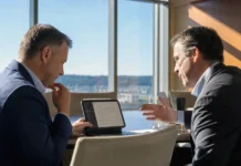 Forrester: Missing AI Governance Could Cost a CEO Their Job in 2027 Two executives in business attire sit at a polished boardroom table, discussing a tablet displaying a chat panel.