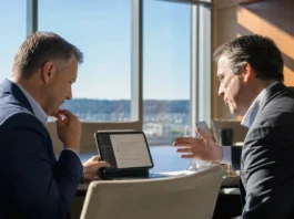 Forrester: Missing AI Governance Could Cost a CEO Their Job in 2027 Two executives in business attire sit at a polished boardroom table, discussing a tablet displaying a chat panel.