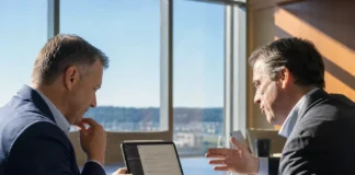 Forrester: Missing AI Governance Could Cost a CEO Their Job in 2027 Two executives in business attire sit at a polished boardroom table, discussing a tablet displaying a chat panel.