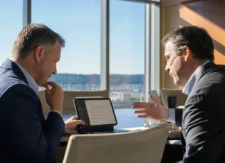 Forrester: Missing AI Governance Could Cost a CEO Their Job in 2027 Two executives in business attire sit at a polished boardroom table, discussing a tablet displaying a chat panel.