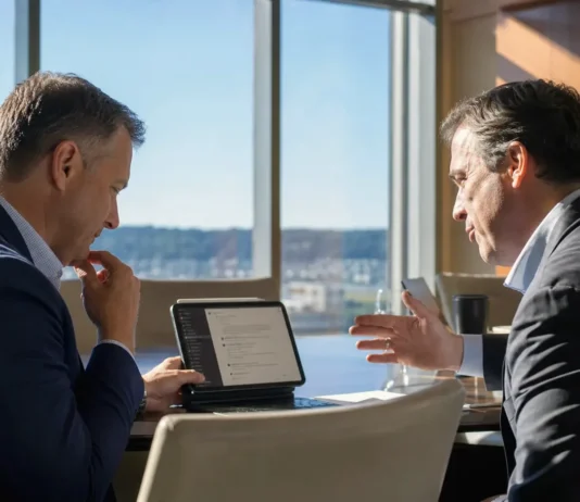 Two executives in business attire sit at a polished boardroom table, discussing a tablet displaying a chat panel.