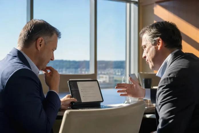 csi-186b650193eecab4-featured Two executives in business attire sit at a polished boardroom table, discussing a tablet displaying a chat panel.