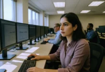 State CISO Confidence Drops From 48% to 22%, NASCIO-Deloitte 2026 Study Finds A woman in a light purple shirt focuses on a computer screen in a bright security operations center, with colleagues nearby.