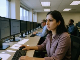 A woman in a light purple shirt focuses on a computer