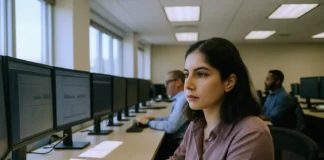 State CISO Confidence Drops From 48% to 22%, NASCIO-Deloitte 2026 Study Finds A woman in a light purple shirt focuses on a computer