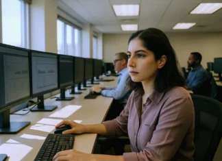 State CISO Confidence Drops From 48% to 22%, NASCIO-Deloitte 2026 Study Finds A woman in a light purple shirt focuses on a computer screen in a bright security operations center, with colleagues nearby.