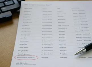 Four of Forrester’s Top Five 2026 Threats Are AI Governance Failures Close-up of a printed report with agent names and access scopes, a pen resting on the page, softly defocused text.