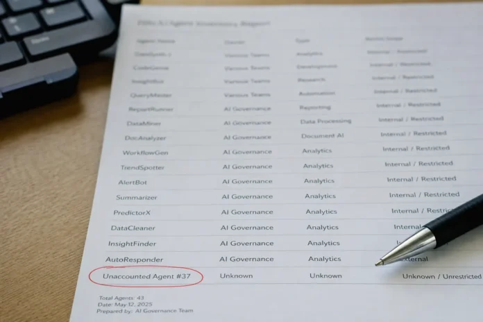 Close-up of a printed report with agent names and access scopes, a pen resting on the page, softly defocused text.