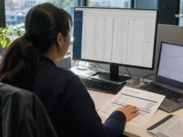 A person with long hair sits at a desk, reviewing a printed