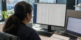 A person with long hair sits at a desk, reviewing a printed
