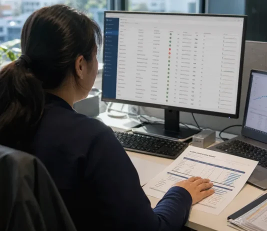A person with long hair sits at a desk, reviewing a printed