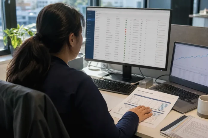 csi-255275964692a842-featured A person with long hair sits at a desk, reviewing a printed report next to a computer monitor displaying data.