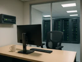 A dimly lit corporate office features a desk with a monitor, chair