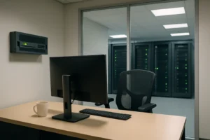 A dimly lit corporate office features a desk with a monitor, chair