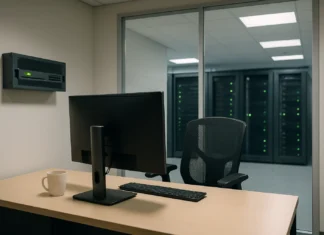 Talos: n8n Webhook Abuse Drove 686% Phishing Volume Rise in 14 Months A dimly lit corporate office features a desk with a monitor, chair, and a coffee mug, alongside a glowing network appliance.