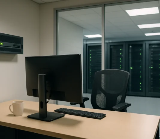 A dimly lit corporate office features a desk with a monitor, chair