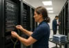 A network engineer in a polo shirt connects cables in a server room, with racks of equipment and a colleague nearby.