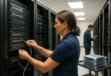 A network engineer in a polo shirt connects cables in a server room, with racks of equipment and a colleague nearby.