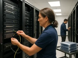 Ransomware Q1 2026: Fewer Groups, Bigger Hits, Pre-Staged Access A network engineer in a polo shirt connects cables in a server room