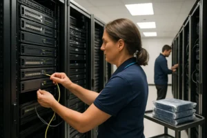 A network engineer in a polo shirt connects cables in a server room