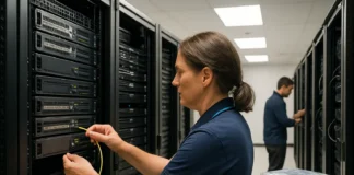 A network engineer in a polo shirt connects cables in a server room