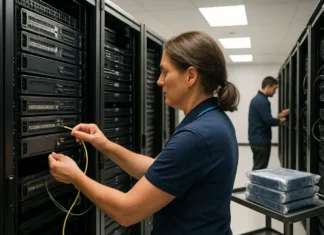 A network engineer in a polo shirt connects cables in a server room, with racks of equipment and a colleague nearby.