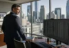 Deloitte: 49% of Organizations have a CISO A senior executive in a suit stands in a corner office, gazing at a monitor displaying identity-access logs, with city skyline visible.