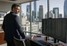 Deloitte: 49% of Organizations have a CISO A senior executive in a suit stands in a corner office, gazing at a monitor displaying identity-access logs, with city skyline visible.
