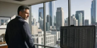 A senior executive in a suit stands in a corner office, gazing at a monitor displaying identity-access logs, with city skyline visible.