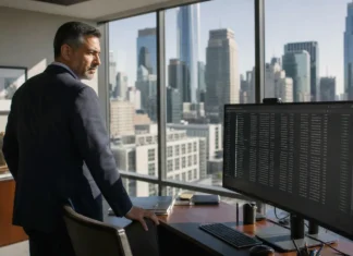 A senior executive in a suit stands in a corner office, gazing at a monitor displaying identity-access logs, with city skyline visible.