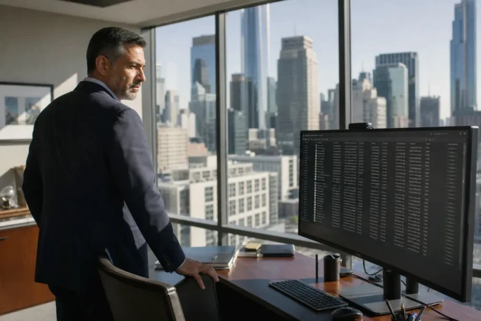 csi-36875a093bf9969e-featured-1 A senior executive in a suit stands in a corner office, gazing at a monitor displaying identity-access logs, with city skyline visible.