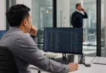 A security analyst sits at a workstation, focused on a monitor