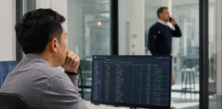A security analyst sits at a workstation, focused on a monitor