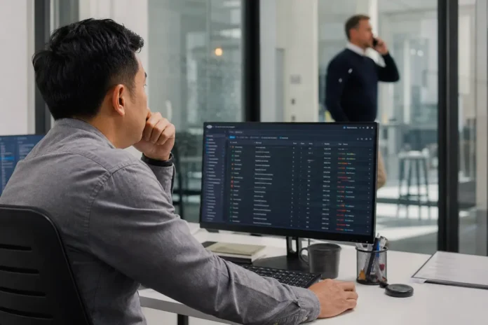 A security analyst sits at a workstation, focused on a monitor A security analyst sits at a workstation, focused on a monitor