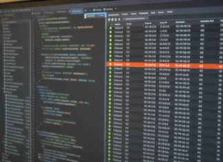 North Korea Runs Cloud Supply Chain Attacks Through the Blockchain, Unit 42 Finds A close-up of a computer monitor displaying a code editor and a connection-monitoring panel with outbound data.