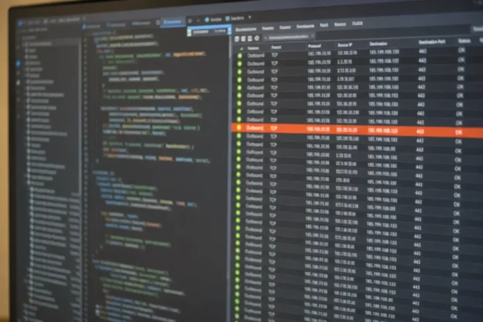 A close-up of a computer monitor displaying a code editor and a connection-monitoring panel with outbound data.
