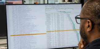 A person with glasses views a brightly lit code editor displaying a JavaScript dependency