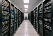 Forrester 2026 Threat Intelligence Report: AI Agents Top CISO Risk List Brightly lit data center aisle with rows of rack-mounted network switches and security appliances in black cabinets.