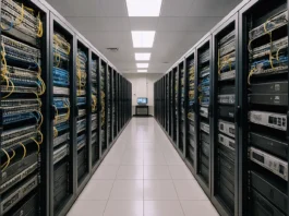 Brightly lit data center aisle with rows of rack-mounted network switches and security appliances in black cabinets.