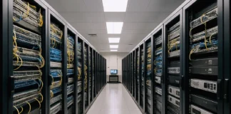 Brightly lit data center aisle with rows of rack-mounted.
