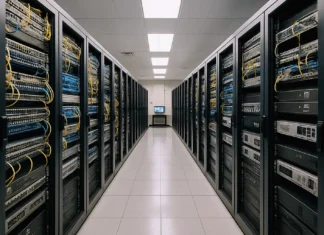 Brightly lit data center aisle with rows of rack-mounted network switches and security appliances in black cabinets.