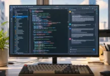 AI Agent Supply Chain Security: Unit 42 Finds 80% of Skills Deviate A large desktop monitor displays code and chat in a bright, sunlit modern office with a plant nearby.