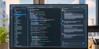 A large desktop monitor displays code and chat in a bright, sunlit modern office with a plant nearby.