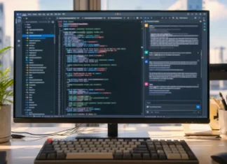 AI Agent Supply Chain Security: Unit 42 Finds 80% of Skills Deviate A large desktop monitor displays code and chat in a bright, sunlit modern office with a plant nearby.