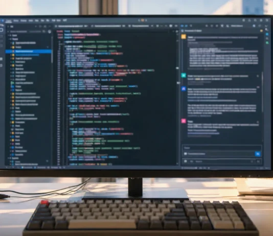 AI Agent Supply Chain Security: Unit 42 Finds 80% of Skills Deviate A large desktop monitor displays code and chat in a bright, sunlit modern office with a plant nearby.