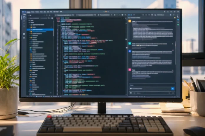 csi-40e5af8145f93805-featured-3 A large desktop monitor displays code and chat in a bright, sunlit modern office with a plant nearby.