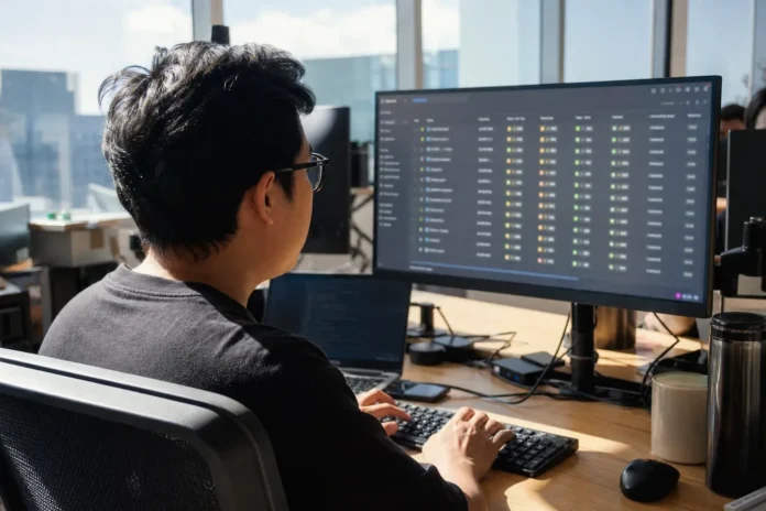 A software engineer sits at a desk in a bright open-plan office, working on a large monitor displaying data.