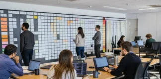A spacious office with a long table of laptops, people working