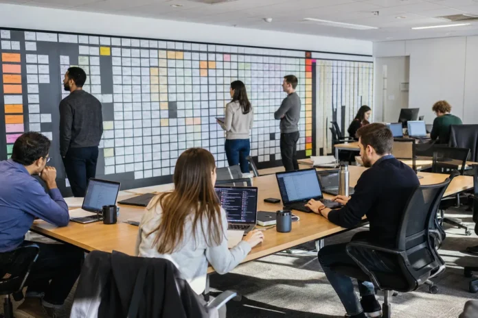 A spacious office with a long table of laptops, people working A spacious office with a long table of laptops, people working